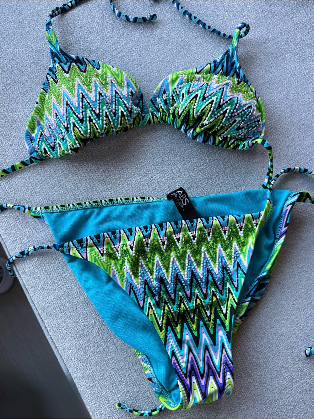 ABS Allen Schwartz Beaded Zigzag Bikini - Turquoise, Lime & Purple